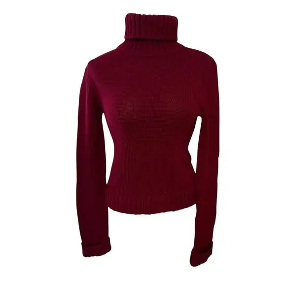 Theory Women's 100% Wool Turtleneck Sweater Burgundy Chunky Rib Knit Large - Picture 3 of 5